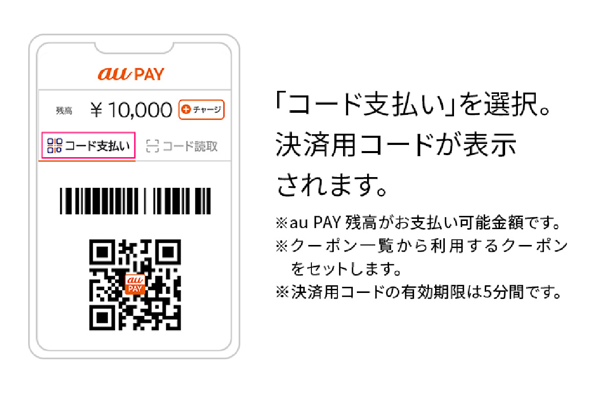 「コード支払い」を選択。　決済用コードが表示されます。　※au PAY 残高がお支払い可能金額です。　※クーポン一覧から利用するクーポンをセットします。　※決済用コードの有効期限は5分間です。