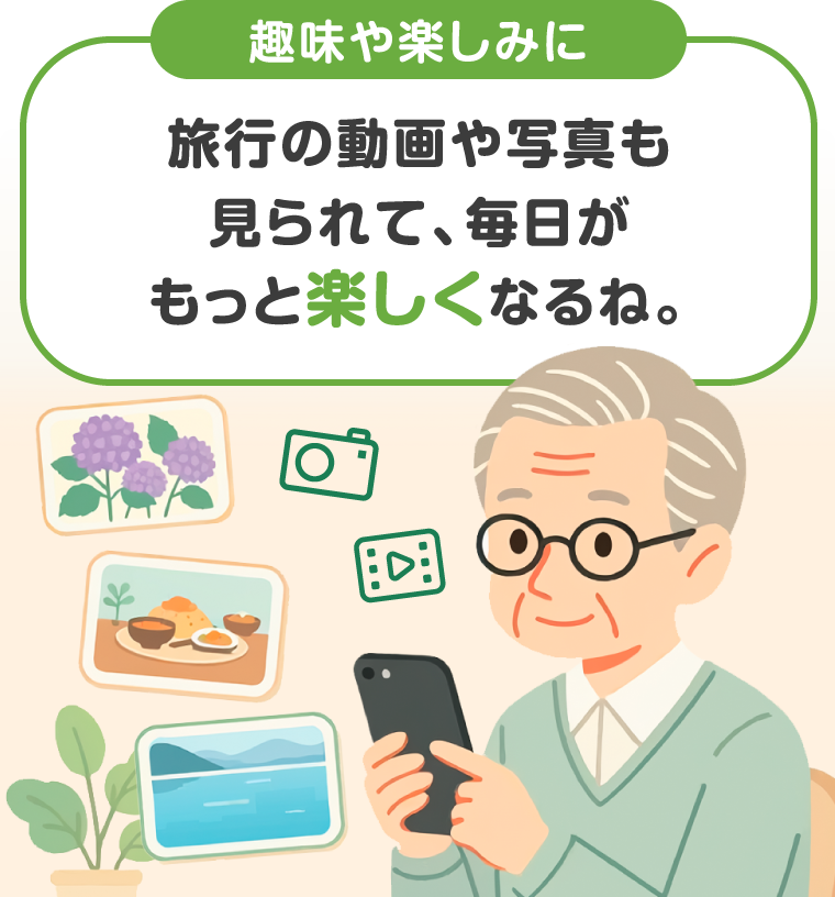【趣味や楽しみに】旅行の動画や写真も見られて、毎日がもっと楽しくなるね。